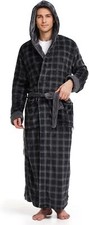 Mens Plush Plaid Hooded Robe, Full Length Fleece Big and Tall Bathrobe with Hood