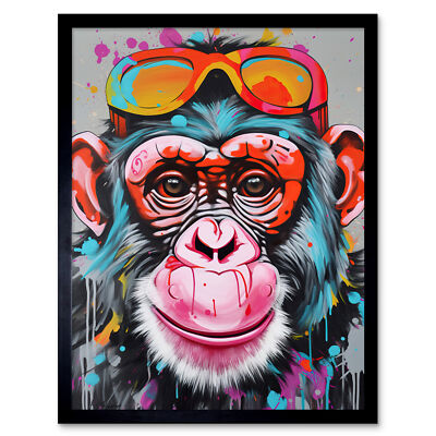 Schimpanse Affe mit Sonnenbrille Graffiti Pop Art gerahmter Wandkunstdruck 9 x 7 Zoll