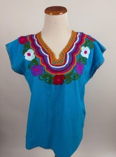 Aqua blue cotton hand embroidered MEXICAN peasant top Women's M/L
