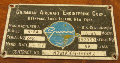 GRUMMAN A-6A INTRUDER Master Dataplate Flugzeug 'Black Panthers' Vietnam
