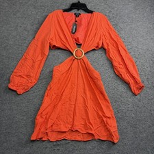 Boohoo Dress Women 10, Orange Linen Cut Out Mini Ring Detail Long Sleeve V Neck
