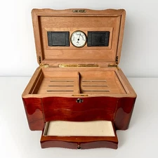 Thompson Cigar Humidor Wood Mahogany Box Lined Drawer No key. 150 ct. READ
