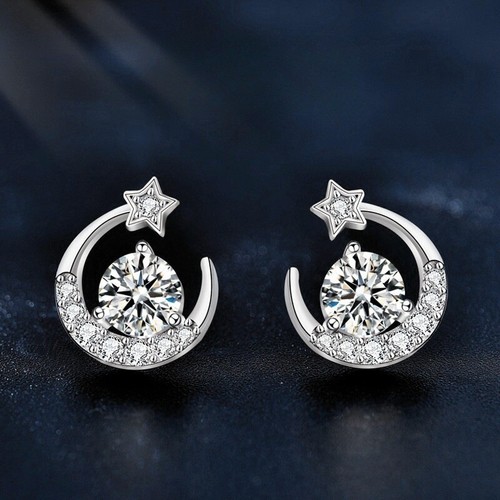 Orecchini Donna 0,5CT/1CT 925 Argento Massiccio Certificato VVS Moissanite Stella Luna - Foto 11 di 12