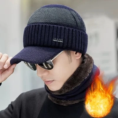 Mens Winter Warm Peaked Beanie Hat Fleece Lined Outdoor Ski Cap with Scarf