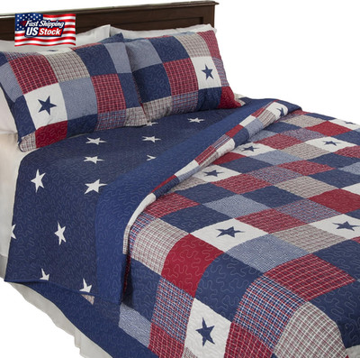 Lavish Home 3-Piece Caroline Patriotic Quilt Set - Americana Stars and Plaid Pat