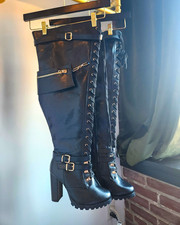 Elmira Women’s Black Knee High Platform Boots Lace Up Round Toe Wide Calf 8.5