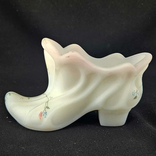 Vintage Fenton satin milk glass hand painted Shoe Slipper signed