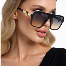 Oversized Square Flat Top Sunglasses Black Gold Trendy Aviator Gradient Women