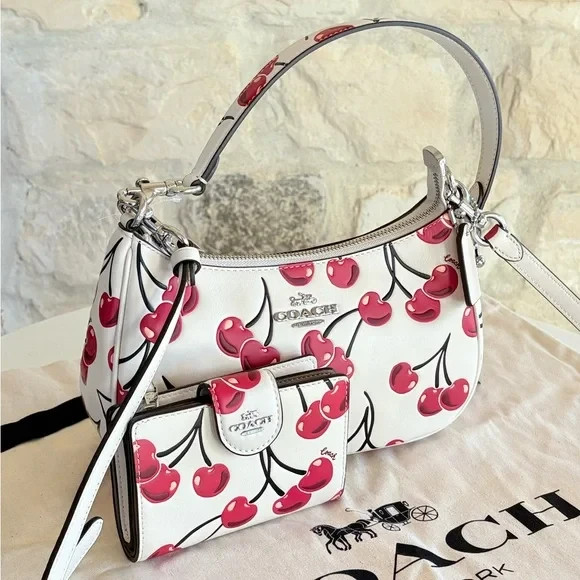 Coach Leather Cherry Teri Shoulder Bag Signature Canvas/Corner Zip