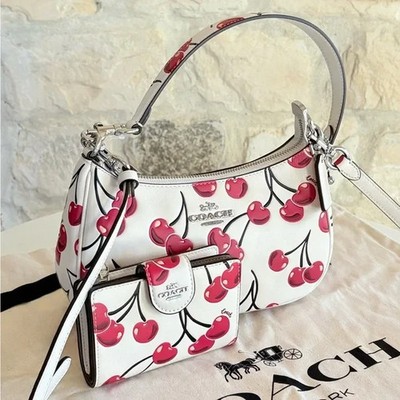 Coach Leather Cherry Teri Shoulder Bag Signature Canvas/Corner Zip