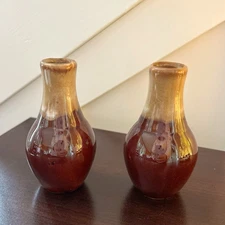 2 Small Royal Haeger brown drip glaze bud vases