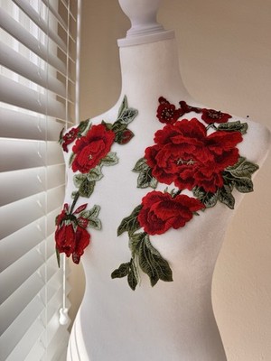 Red and Green Applique (2 Pieces) Big Rose Patch Embroidered Flowers