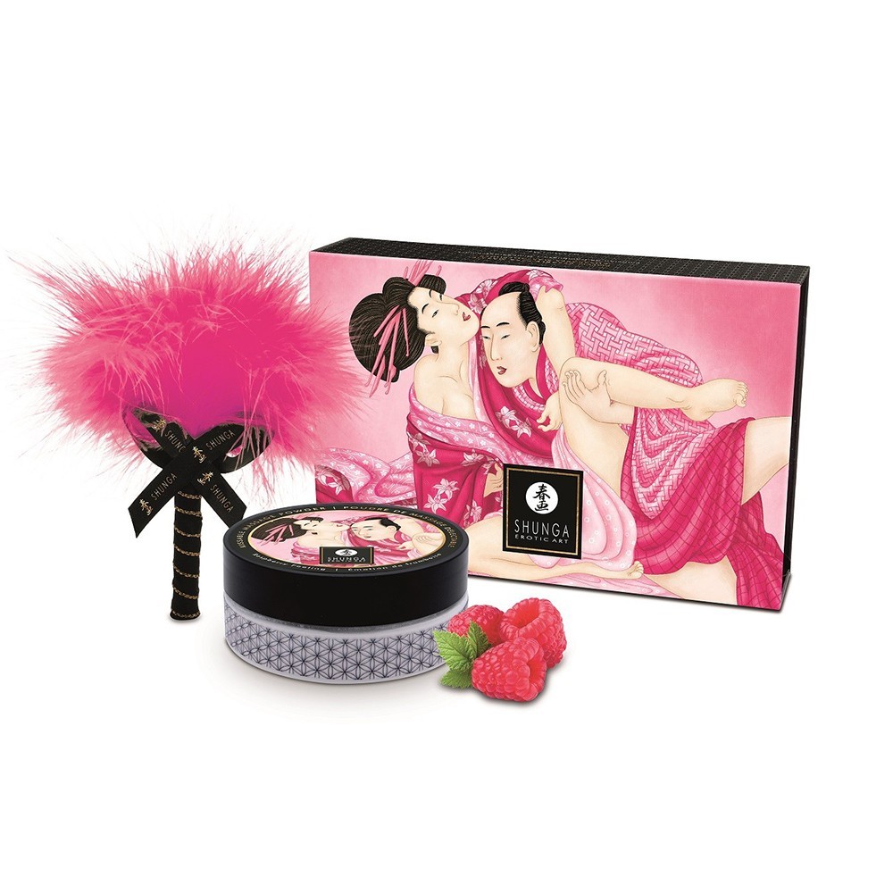 Mini coffret poudre corporelle framboise et plumeau cosmétique de 30g