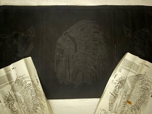 Vintage 1972 - 1973, Native American Tools & Profile Printed On Black Velvet