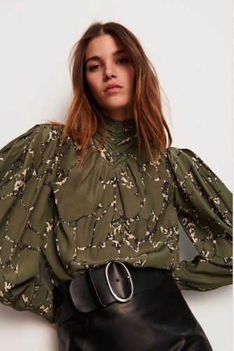 BA&SH High Neck Blouse 12 14 40 42 Pleated Marble Print Khaki Camo Balloon Slv
