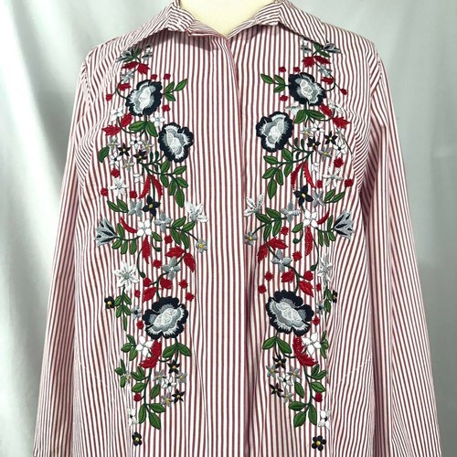 Camicia JOAN RIVERS rossa bianca a righe con bottoni ricamo floreale donna S bohemien - Foto 2 di 7