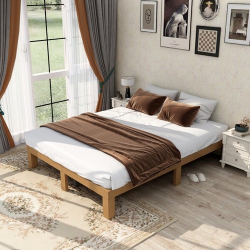 Queen Size Bed Frame Wood Platform No Box Spring Needed Strong Wood Slat Support