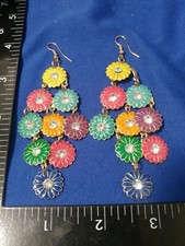 MULTI COLORED Flowers W/ RHINESTONE Chandelier Dangle Earrings French Hook Boho