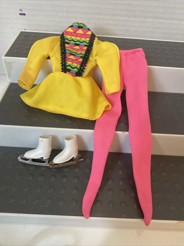 Vintage Barbie Clone Doll Clothes NEON Yellow Pink Ice skating Retro Outfit