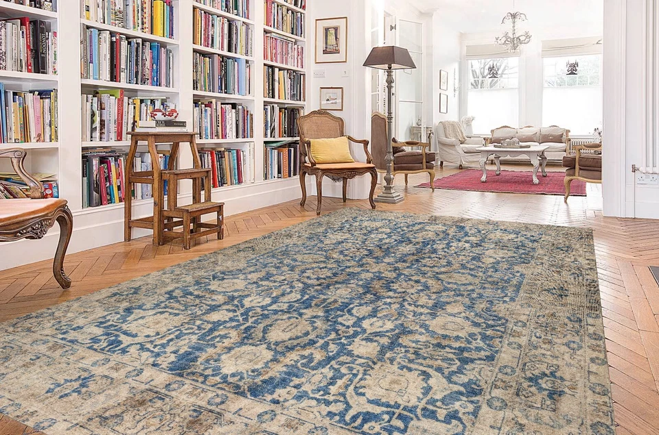 Kilimway Blue Area Rug, Pastel Vintage Oushak Blue Beige Floral Rug Washable - Image 4 of 4