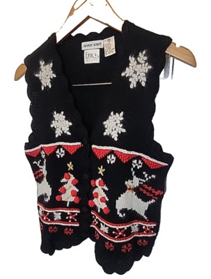 VTG Erika Petite Vest Sweater Black Christmas Reindeer Snowflakes Women's SMALL