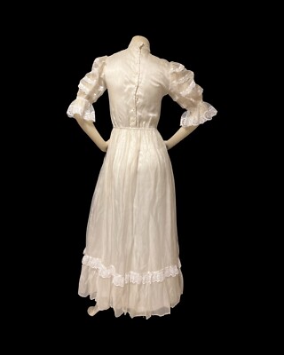 Vintage 70s Prairie Cottage Gown S Tiered Maxi Dress Ivory Organdy
