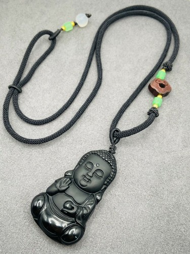 Natural Obsidian Jade Jewelry Guanyin Buddha Pendant with Beads Woven Necklace - Picture 2 of 7