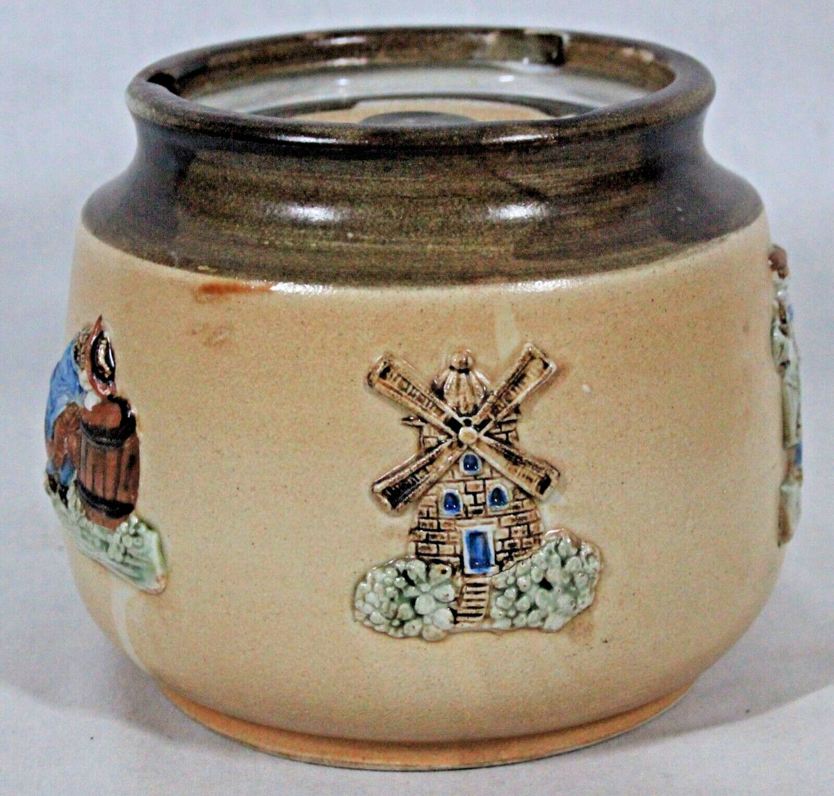 denby tobacco jar RARE VINTAGE BOURNE DENBY TOBACCO HUMIDOR JAR WITH 5 DECORATIONS 5 1/2