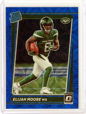 2021 Panini Donruss Optic Elijah Moore Blue Scope Prizm Rated Rookie #216 Jets