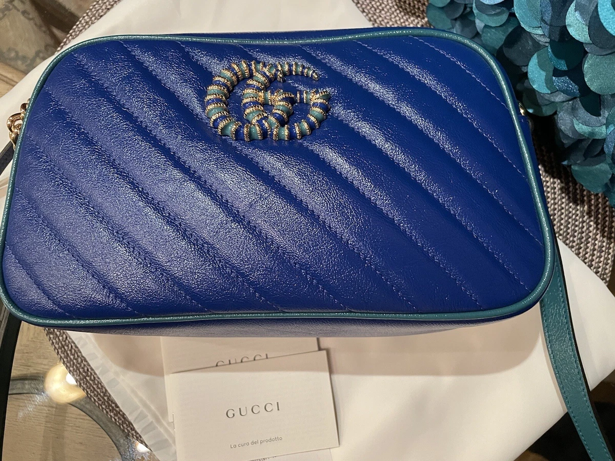 Authentic Gucci GG Marmont Matelassé Leather CrossBody Camera Bag 447632  Blue