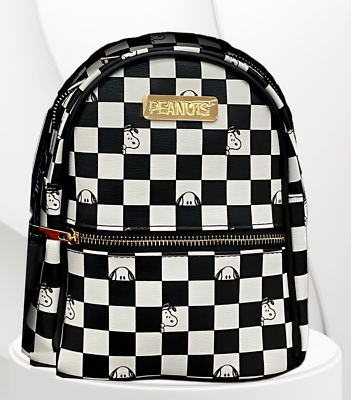 Peanuts Snoopy Checker Board Mini Backpack Vegan Leather Gold