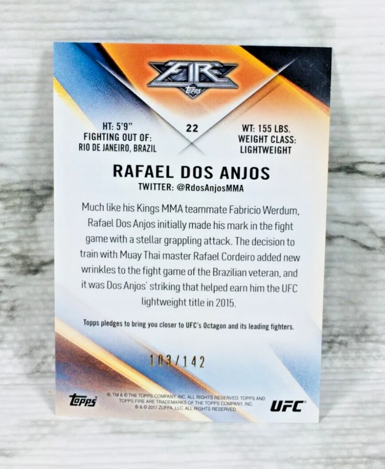 2017 TOPPS UFC FIRE #22 RAFAEL DOS ANJOS RED HOT PARALLEL FOIL SSP (#103/142) - Image 2 of 2