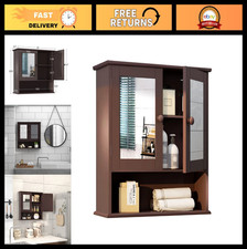 Brown Medicine Cabinet with Mirror, 2 Doors  3 Open Shelves - Wall Mounted Stor