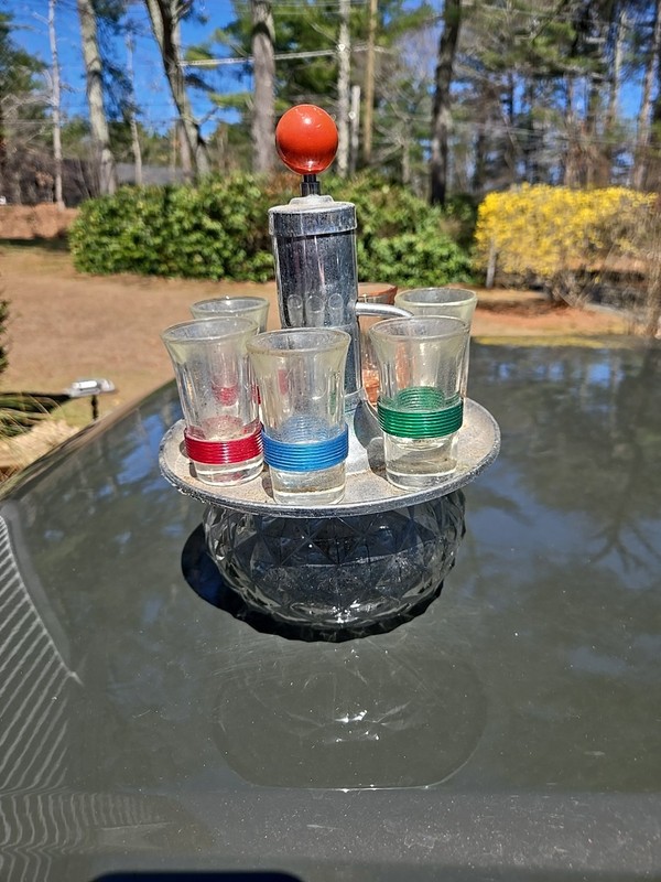 AS IS  Vtg Park Sherman MCM Liquor Dispenser 6 Shot Glasses Rotating Chrome Tray