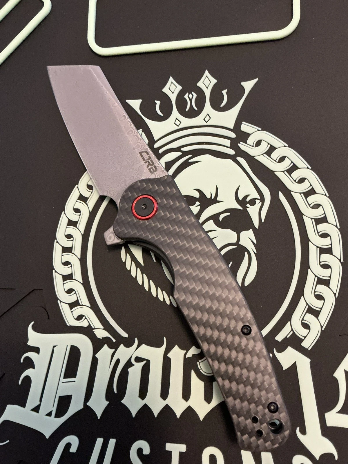 CJRB Crag Folding Pocket Knife. Damascus Blade, Carbon Fiber Handle J1904D-CF