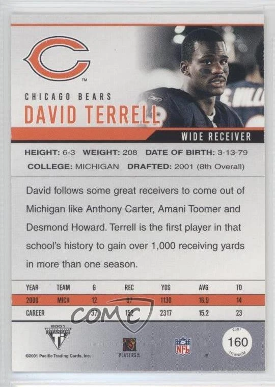 2001 Pacific Private Stock Titanium Retail David Terrell #160 - Image 2 of 2