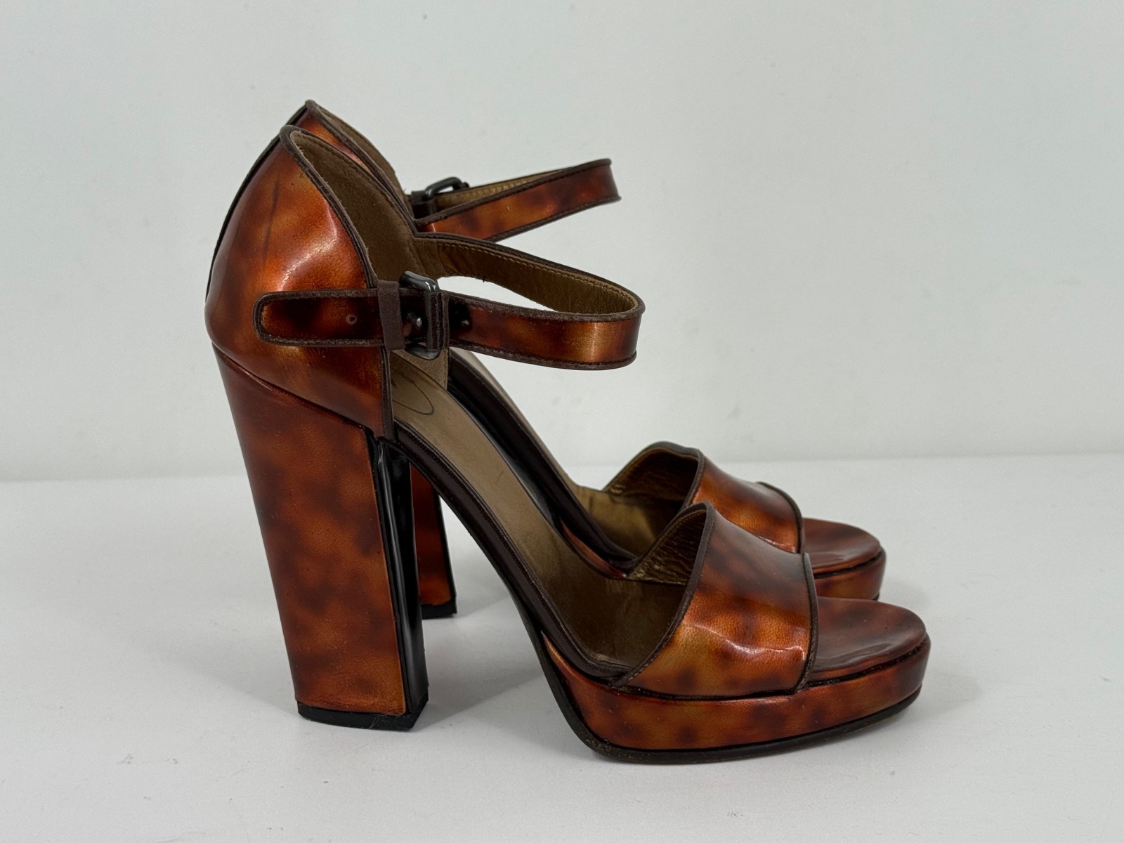 Prada Brown Tortoise Shell Leather Block Heel San… - image 12