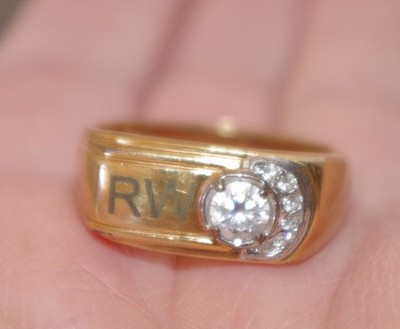 Collectable SETA Made 14K Over Brass RW & CZ Carved Initial Unisex Band Ring