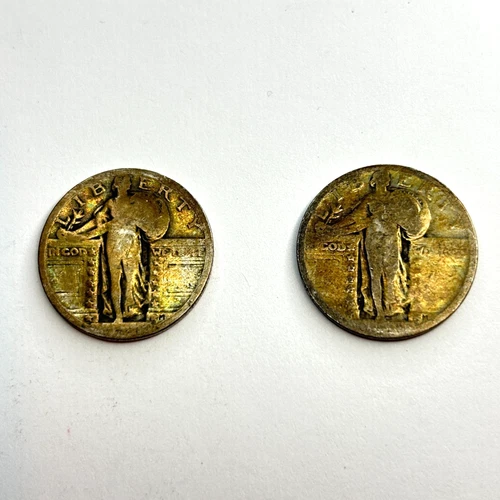 Lot of 2 BEAUTIFUL TONED 90% Silver Standing Liberty Quarters US 25c Junk Silver