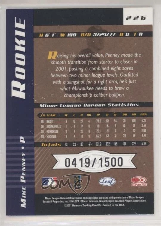 2001 Leaf Limited Rookie /1500 Mike Penney #225 Rookie RC - Image 2 of 2