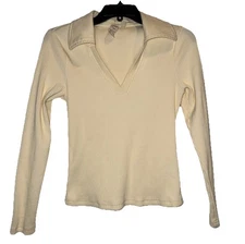 Anthropologie Dolan Left Coast Pale Yellow Ribbed Collared V Neck Shirt Top S