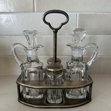 VTG Glass Cruet Set, Salt Pepper Oil Vinegar, Metal Holder, Square Pieces FLAWS
