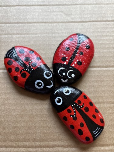 Hand painted Stones X 3 Red Ladybugs Garden Home Decor