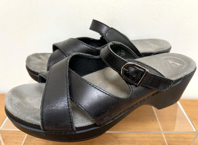 Dansko Sela Women Sandal 9.5 /40 Black Leather Straps Slide On Heel Clog Comfort