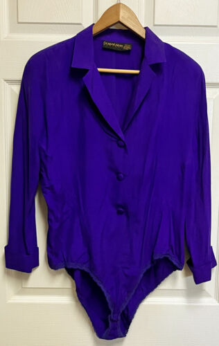 Vintage Vivid Purple DONNA KARAN DKNY Silk Collared Bodysuit Shirt 12 - Picture 1 of 6
