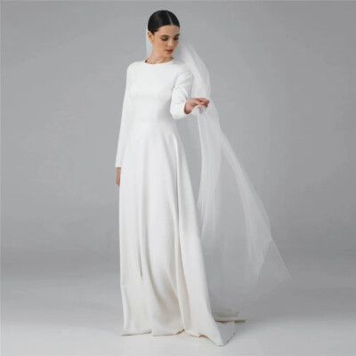 #ad Simple A Line Wedding Dresses Scoop Neck Long Sleeves Sweep Train Bridal Gowns $128.89