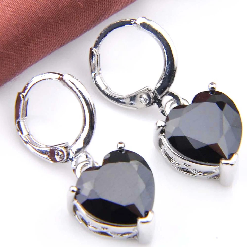 10MM Heart Shaped Natural Gemstone Black Onyx Silver Danlge Hook Earrings - Image 2 of 4