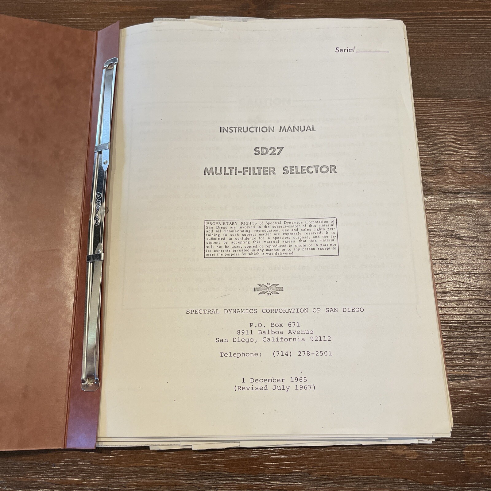 Spectral Dynamics SD27 Multi-Filter Selector Instruction Manual Revised 1967