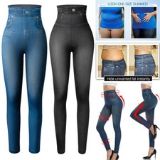 Women High Waist Faux Denim Jean Leggings Stretch Pencil Jeggings Pants Trousers