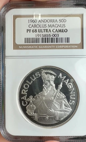1960 Andorra 50 Diners Carolus Magnus Silver Proof NGC PF68 Ultra Cameo